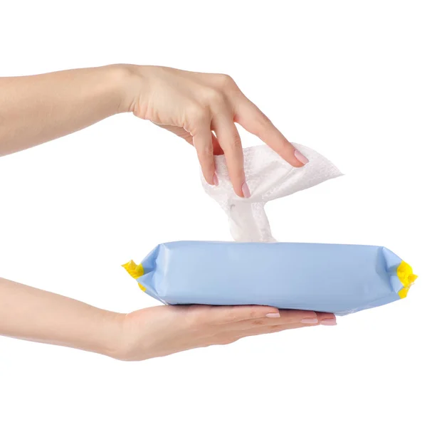 Wet wipes in hands pack — Stock Photo, Image