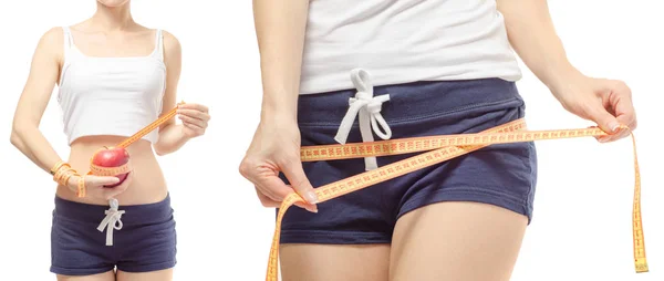 Młoda kobieta waga strata odchudzania z centymetr i apple — Zdjęcie stockowe