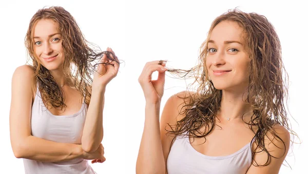 Krásná mladá žena mokré vlasy beauty set — Stock fotografie