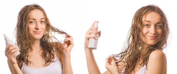 Mooie jonge vrouw NAT haarspray voor haar schoonheid set — Stockfoto