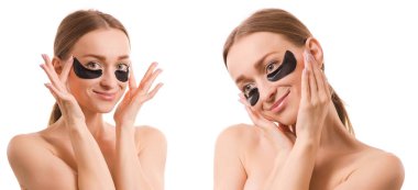 Güzel genç kadın gözler güzellik kozmetik altında yamalar ile ayarla