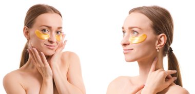 Güzel genç kadın gözler güzellik kozmetik altında yamalar ile ayarla