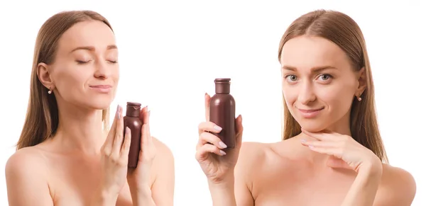 Schöne junge Frau Schönheit Flasche Gesicht mit Kosmetika für Körper und Gesicht Öl-Lotion-Set — Stockfoto