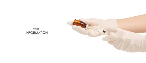 Medicina de vidro frasco botox ou gripe com médico Seringa no padrão da mão — Fotografia de Stock