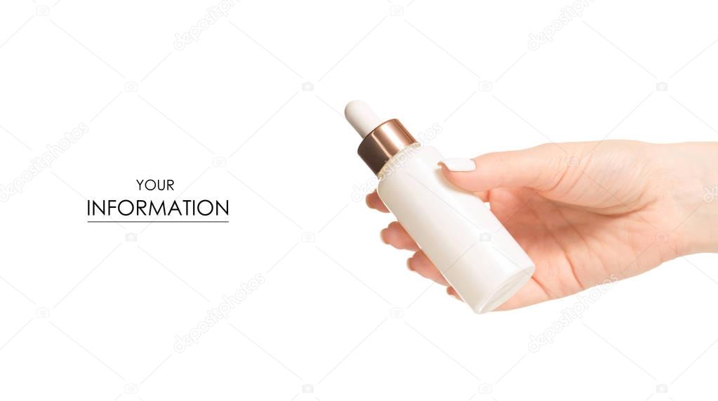 Bottle with cosmetics serum hyaluronic acid in hand pattern