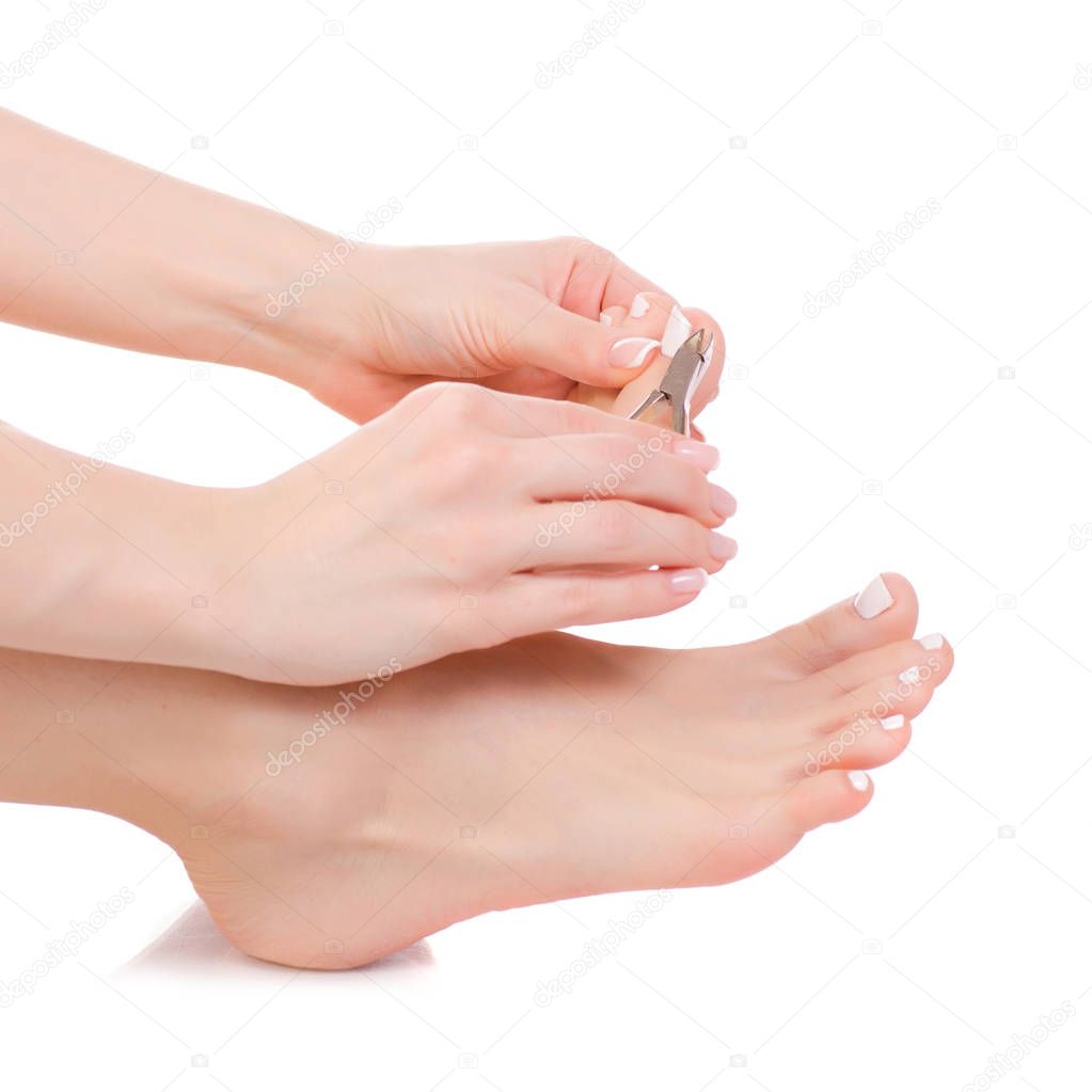 Female feet legs nail clippers in hands beauty pedicure