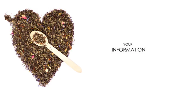Tè in foglia con fiori e frutta cuore modello cucchiaio di legno — Foto Stock