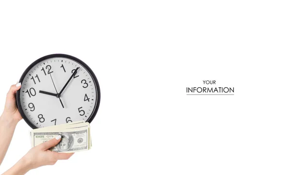 Zegar na kobiece wzór dolarów ręki i pieniądze — Zdjęcie stockowe