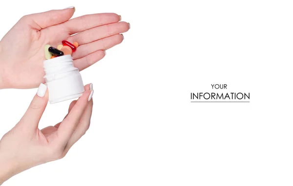 Женщина держит в руках банку таблетки капсулы лекарства шаблон — стоковое фото