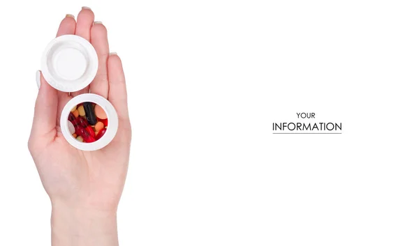 Kobiece dłoń trzymająca słoik tabletki kapsułki leku wzór — Zdjęcie stockowe