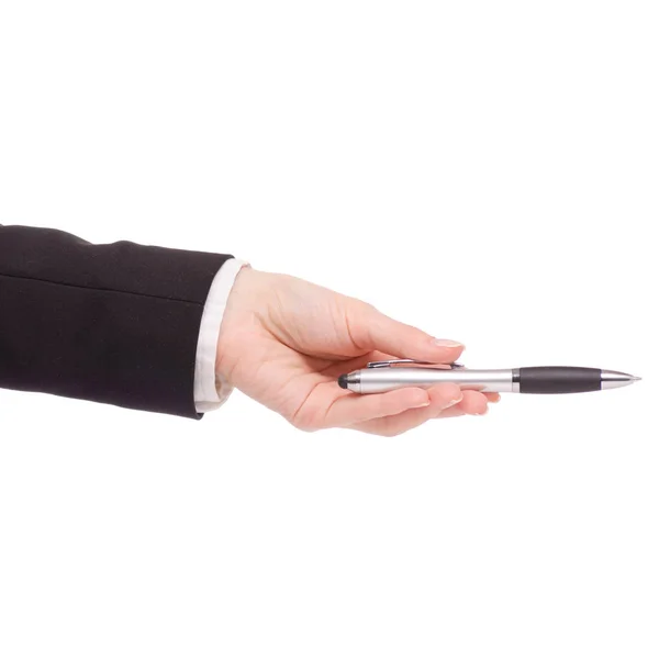 En penna i kvinnlig hand signatur business kvinna svart jacka — Stockfoto