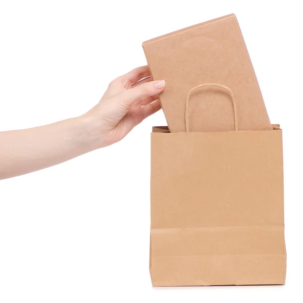 Box i hand sätta i pappersförpackningen köpa försäljning säljs — Stockfoto