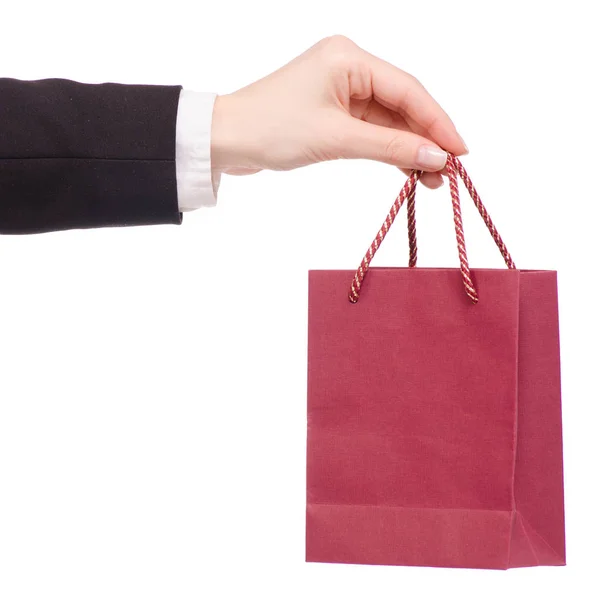 Kartong röd väska paketet i handen business woman jacket — Stockfoto