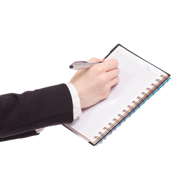 Ручка и подпись дневника в женской руке бизнес-женщины — стоковое фото