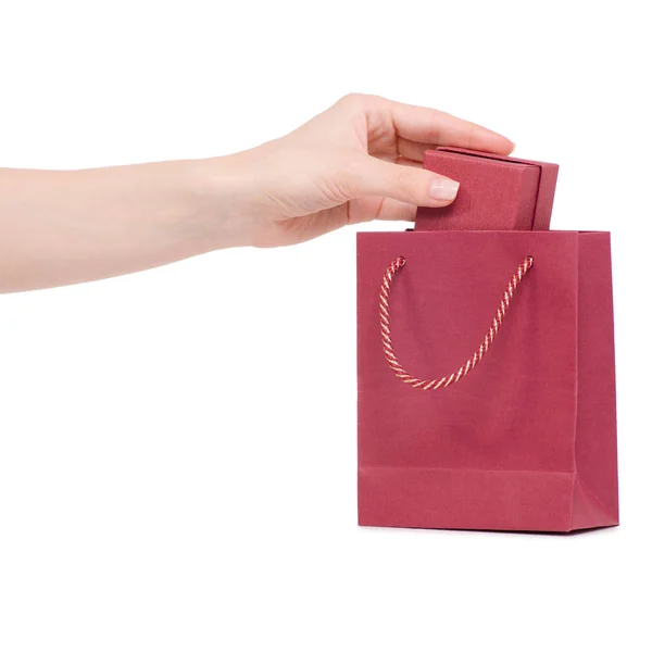 Box jewerly in hand put in bag package — Stock Photo, Image