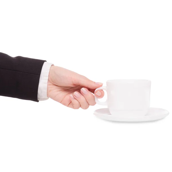Φλιτζάνι τσαγιού καφέ και πιατάκι στο γυναικείο χέρι επιχειρήσεων γυναίκα — Φωτογραφία Αρχείου