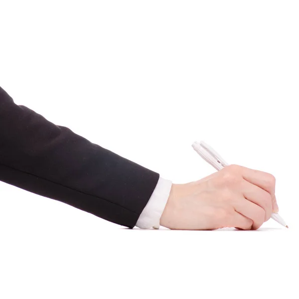 A pen in female hand signature business woman black jacket Stock Photo