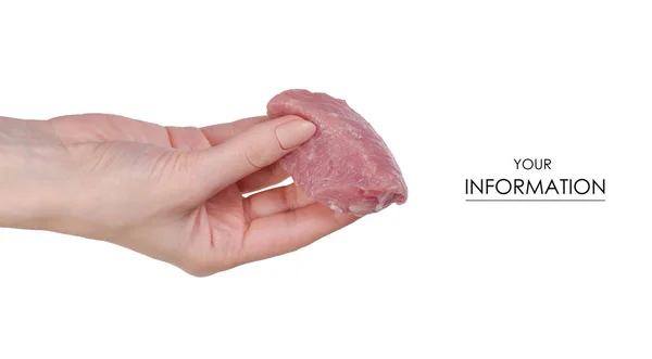 Pedaços de carne de porco cru no padrão de mãos — Fotografia de Stock