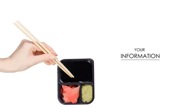 Μπαστούνια για sushi στο χέρι μοτίβο wasabi σάλτσα σόγιας τζίντζερ — Φωτογραφία Αρχείου