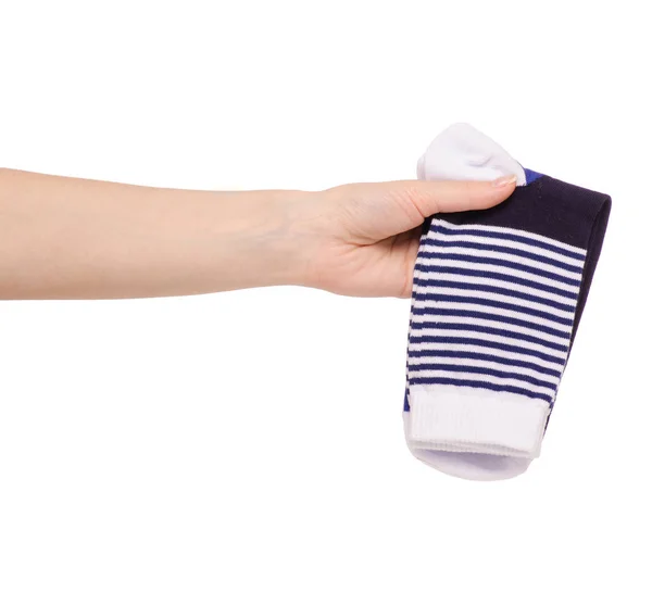 Socks in hand white blue striped — Stock Photo, Image