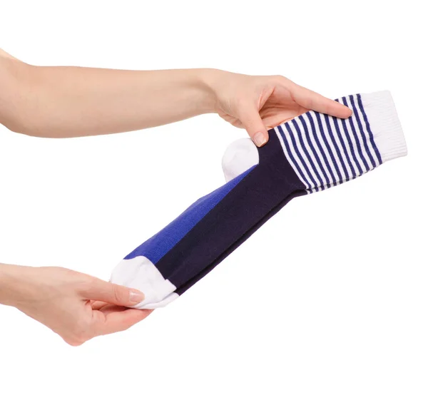 Socks in hand white blue striped — Stock Photo, Image