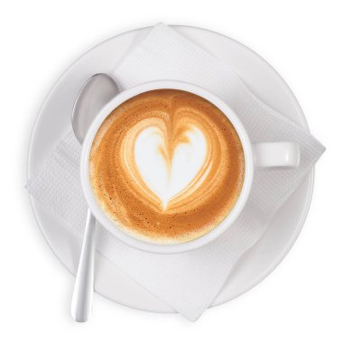 Beyaz Kupası ve fincan tabağı kahve odasının kalp kaşık