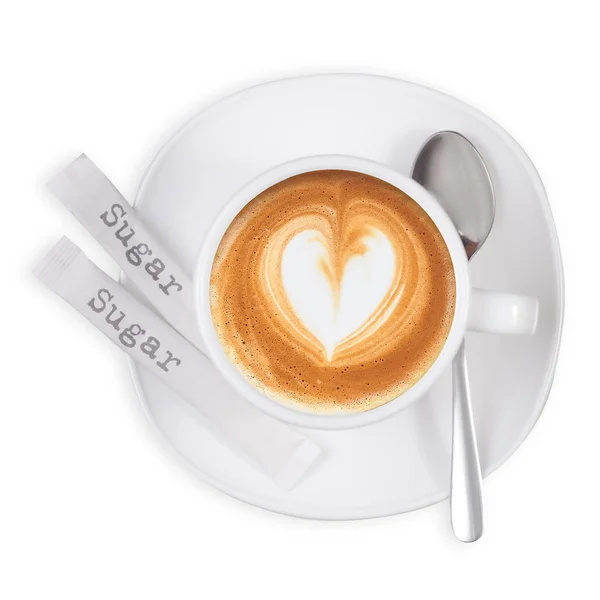 Csésze és csészealj kávé capuccino szív fehércukor botok kanál — Stock Fotó