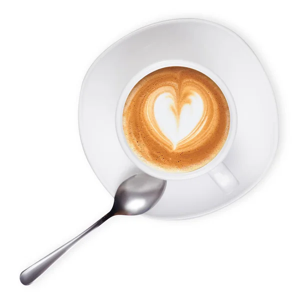 Copa blanca y platillo café capuchino cuchara de corazón — Foto de Stock