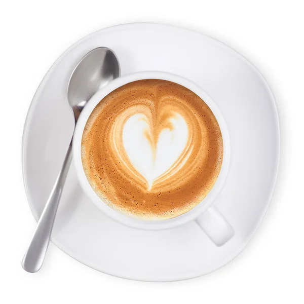 Copa blanca y platillo café capuchino cuchara de corazón — Foto de Stock