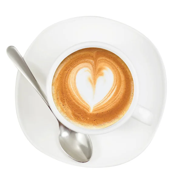 Copa blanca y platillo café capuchino cuchara de corazón — Foto de Stock