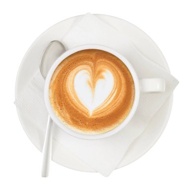 Beyaz Kupası ve fincan tabağı kahve odasının kalp kaşık