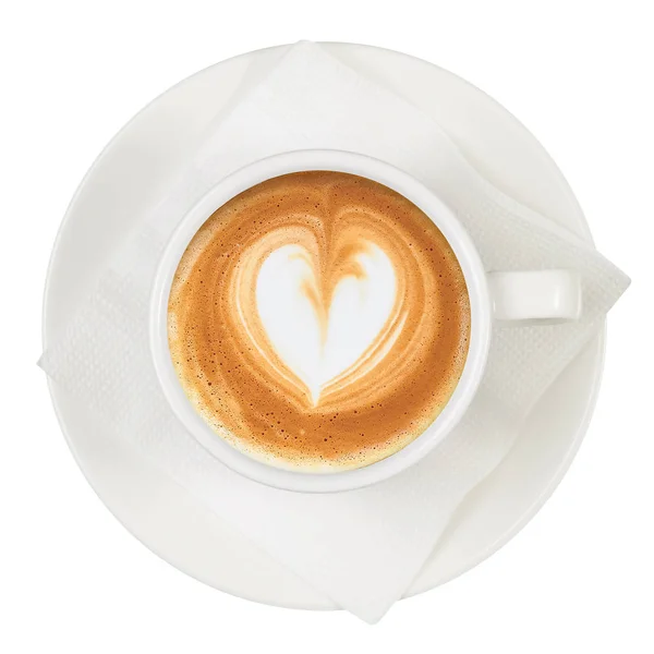 Copa blanca y platillo café capuchino corazón — Foto de Stock