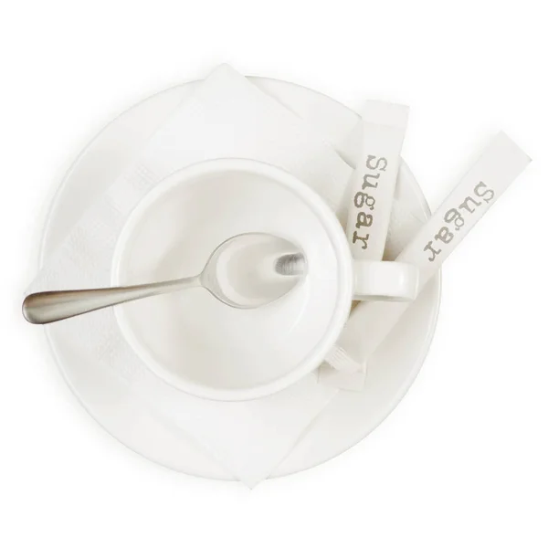 Beyaz Kupası ve fincan tabağı şeker kaşığı sopa — Stok fotoğraf