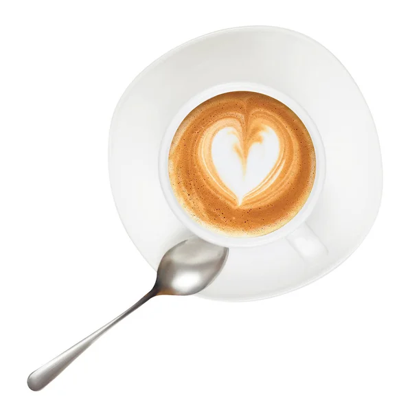 Copa blanca y platillo café capuchino cuchara de corazón — Foto de Stock