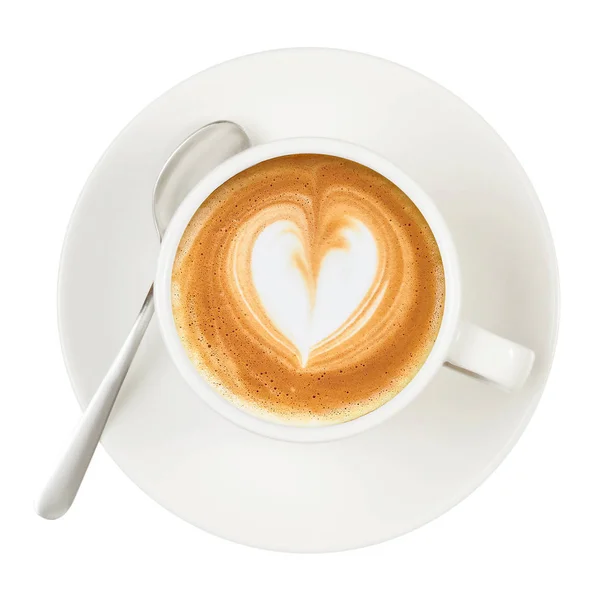 Copa blanca y platillo café capuchino cuchara de corazón — Foto de Stock