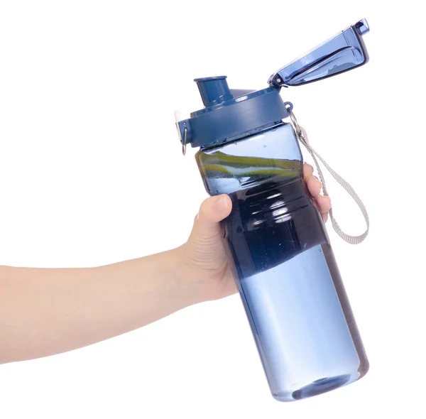 Sport bottle of water with lemon in hand — Stock Photo, Image