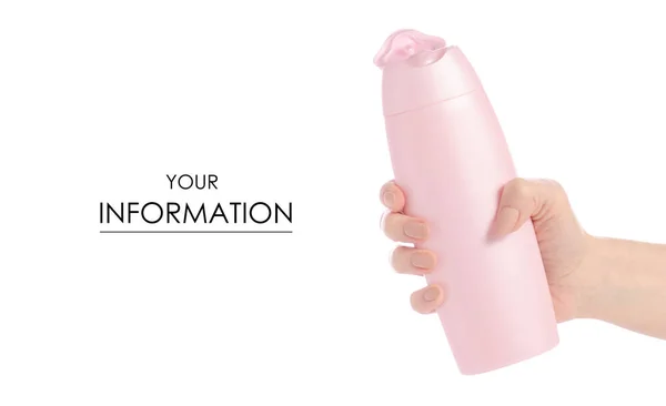 Duschkräm i rosa plast flaska i handen mönster isolerade — Stockfoto