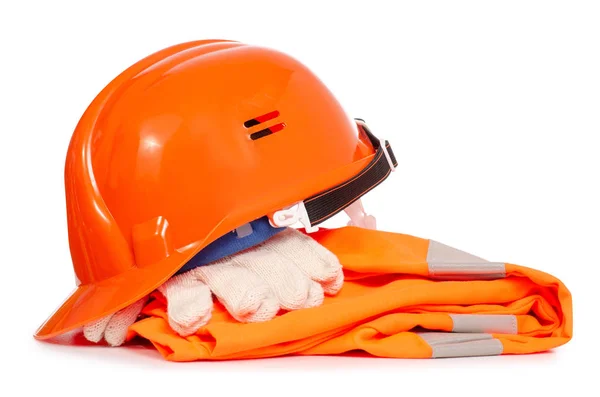 Pracovní oranžové podobě helmy rukavice maska — Stock fotografie
