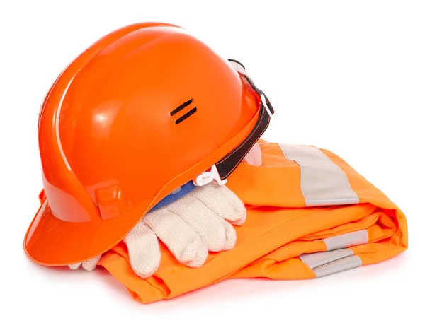 Forma naranja de trabajo casco guante máscara —  Fotos de Stock