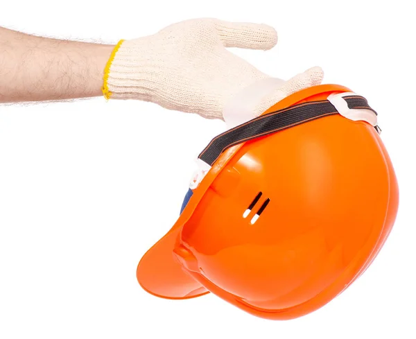 Oranžové Pánské helmy mužovu ruku v rukavici — Stock fotografie