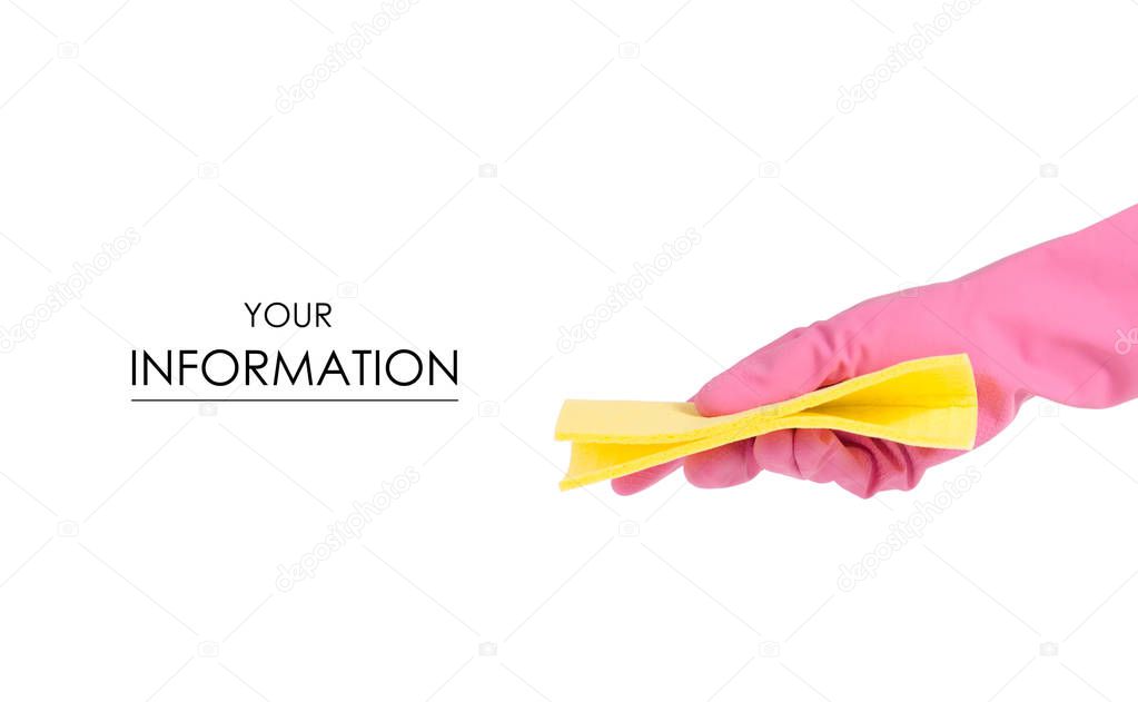 Hand in a rubber glove for cleaning yellow rag for cleaning isolated pattern