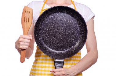 Kadın el pan ve mutfak spatula kızartma önlük