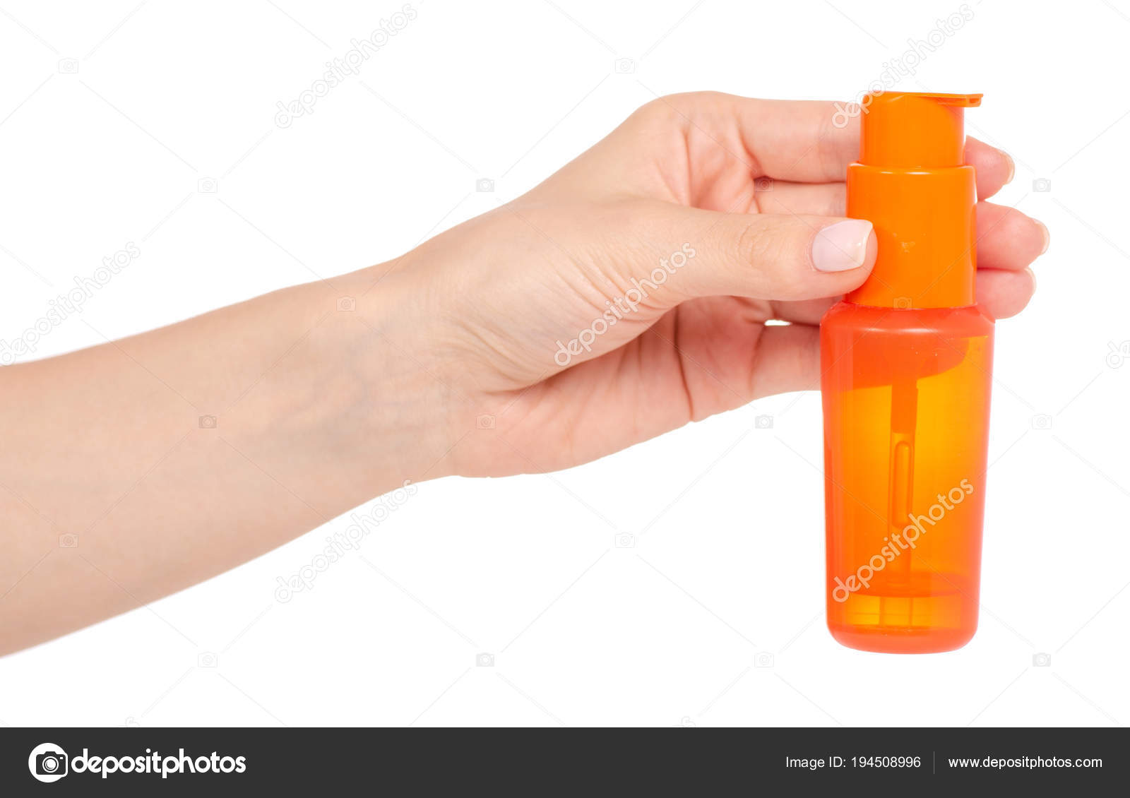 Cosmetic Orange Bottle With Dispenser In Hand Oil Gel Hair Body
