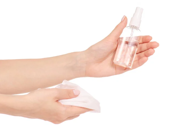 Antibacterial spray for hands antiseptic wet wipes in hands — Stock Photo, Image