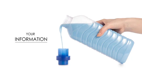Acondicionador suavizante en botella de plástico azul en patrón de mano — Foto de Stock
