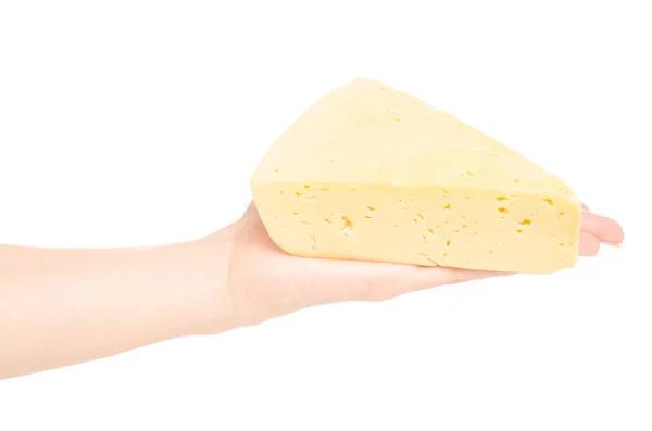 A piece of cheese in a hand — Stock Photo, Image