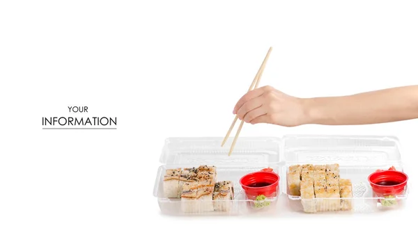 Sada válců hůlky pro vzor sojová omáčka wasabi sushi v ruce zázvor — Stock fotografie
