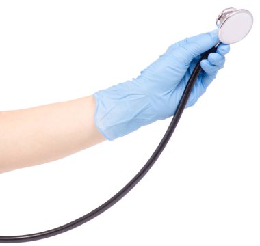 Medikal eldiven tıpta elinde stetoskop