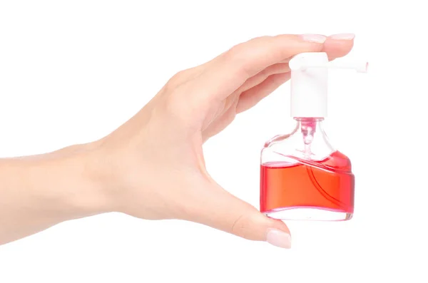 Frasco de medicamento spray para garganta na mão — Fotografia de Stock