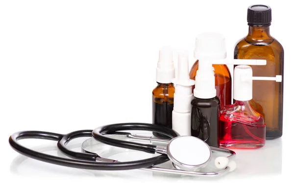 Composition set of medicine bottles stethoscope — Stock Photo, Image
